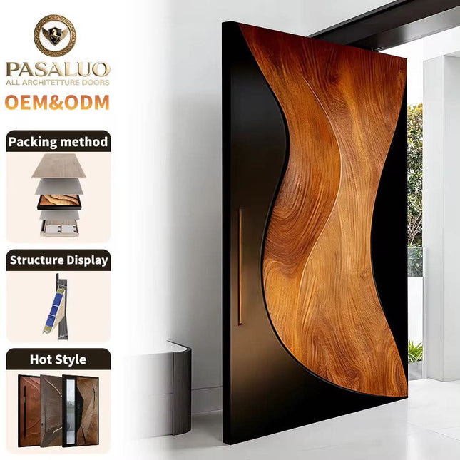 Wood Grain Carved Cast Aluminum Simple Sound Insulation and Environmental Protection Hingh-End Customized Entrance Door
