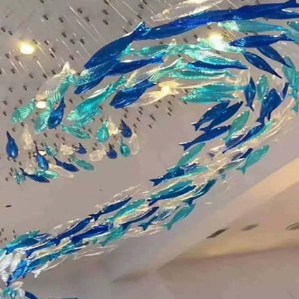 Luxury Custom Ocean Theme Fish Blue Glass Decor Pendant Chandelier Ceiling Mounted Lamp Home Villa Stairs