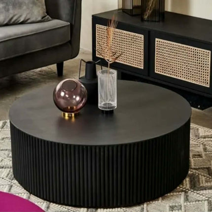 Round fluted wooden coffee table, stone slab top Oak ribbed cylinder coffee table modern American style living room furniture
