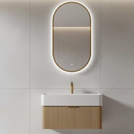 Artistic luxury fluted wood floating vanity with oval LED backlit mirror, elegant and functional design.