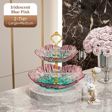 Luxury 2/3 Tier Gradient Petal Plastic Fruit Plate Crown Gold Handle Food Grade Snack Candy Serving Tray For Wedding Party Decor