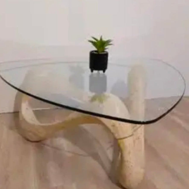 Modern Tempered Clear Coffee Table Triangle Glass Side Table with Concrete Legs