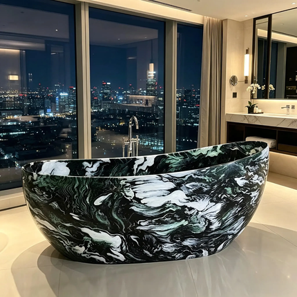 Luxury Black Green Marble Solid Freestanding Bathtub Artificial Stone Carved Oval Soaking Tub for Hotel Villa Bathroom
