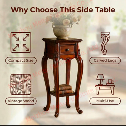 Traditional Wood Side Table w/ Drawer Shelf Carved Cabriole Legs Parquet Top Small Plant Stand for Living Room Sofa Entrya