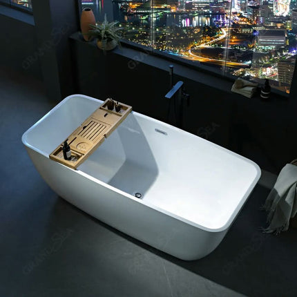 Minimalist Style Modern Freestanding Square Artificial Stone Soaking Bathub with Integrated Design & Drainer