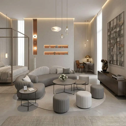 High-End Grey Curved Sofa with Pleated Backrest Modern Luxury Sectional Couch Set for Cultural Hotel Suite Lounge