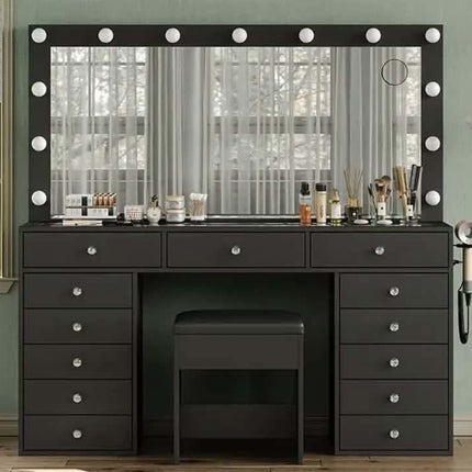 LED Modern Mango Panel Design Makeup Vanity Table 3 Light Modes Built-in Power Outlets Hairdryer Cushioned Stool Storage