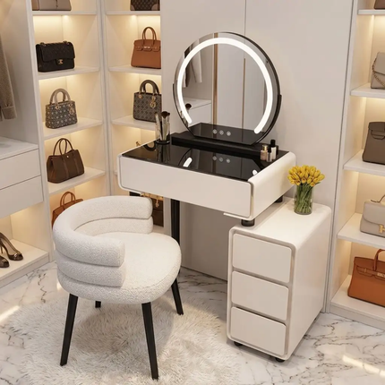 Modern Luxury 60cm Adjustable LED Dressing Table Mirror Cream Wooden Makeup Cabinet For Small Apartments Hotels & School Use