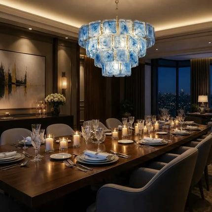 Modern Luxury Tiered Blue Art Glass Chandelier Gold Brass Art Deco Round Pendant Light for Living Room Dining Room Decor