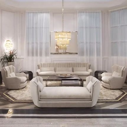 European Style Contemporary Corner Sofa Set SF2039 Gold Trim Solid Wood Frame