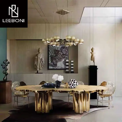 Home Furniture Unique Design Banquet Table Stainless Steel Gold 6 Seater Luxury Dining Table