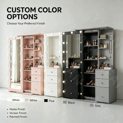 Modern MDF Makeup Vanities  Different Color Customized Dressing Table Standing Lighted Mirror  Storage  Cabinet  Bedroom Furniture