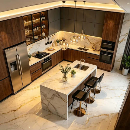 Custom Modern Luxury Lacquer Marble Glass Smart Melamine Board Solid Wood Veneer Kitchen Island Full Kitchen Storage Cabinet Set