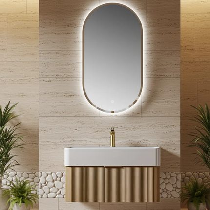 Artistic luxury fluted wood floating vanity with oval LED backlit mirror, elegant and functional design.