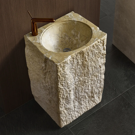 Japanese Wabi Sabi Chic Cream Color Square Marble Pattern Artificial Stone Pedestal Sinks Bathroom Wash Basin for Home Hotel