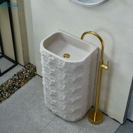 Design Luxury Artificial Stone Pedestal White Square Basin Natural Stand Wash Hand Basin Freestanding Pedestal Sink For Hotel