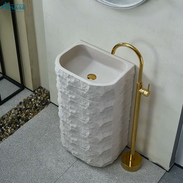 Design Luxury Artificial Stone Pedestal White Square Basin Natural Stand Wash Hand Basin Freestanding Pedestal Sink For Hotel