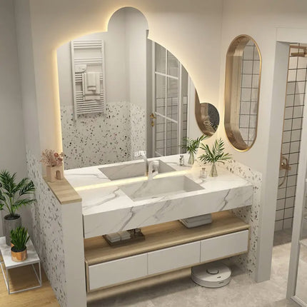Modern hotel & villa use bathroom vanity with single/double sink floating wood cabinet with smart mirror Eco-friendly design