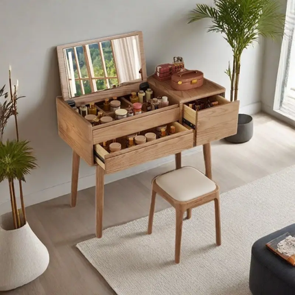 Solid Oak Wood Convertible Dressing Table With LED Mirror USB Port Flip Cover Makeup Cabinet Silent Wind Design For Bedroom