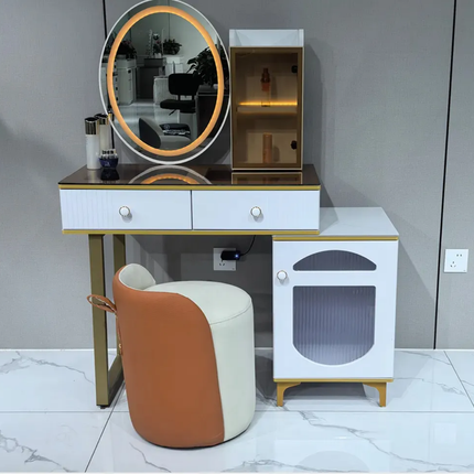 Contemporary Luxury Eco- Friendly  Durable Dressing Table Gold -Trim Makeup Vanity Fluted Drawers LED Light-Up Mirror Ribbed  Glass