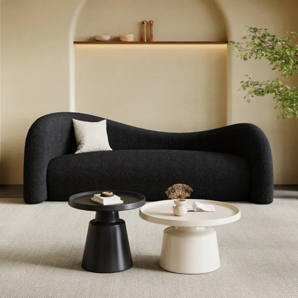 Monochromatic Elegance Curvaceous Design Supreme Comfort Living Room Ensemble with Textured Bouclé Sofa and Sculptural Accent Pieces
