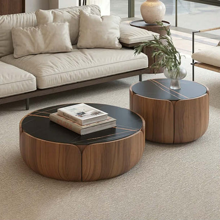 Mid-century walnut finish round solid coffee table set, minimalist sintered stone round center table for small living room