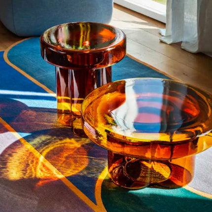 New Arrival Luxury Flower Design Coffee Table Transparent Colorful Glass Round Table Home Living Room Hotel Sofa Side Table Set