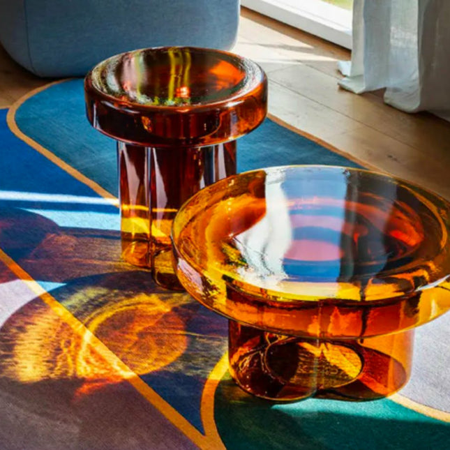 New Arrival Luxury Flower Design Coffee Table Transparent Colorful Glass Round Table Home Living Room Hotel Sofa Side Table Set