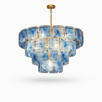 Modern Luxury Tiered Blue Art Glass Chandelier Gold Brass Art Deco Round Pendant Light for Living Room Dining Room Decor