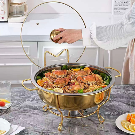 Restaurant Equipment 4.5Litres Golden Stand Buffet Food Warmer Catering Party Gold Round 8L Chafing Dish Glass Lid Soup Pot