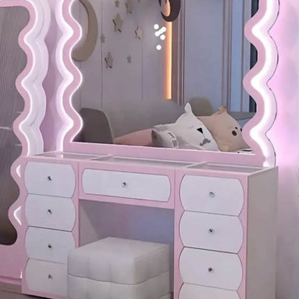 Modern MDF Makeup Vanity Table Set  with 9 Drawers  Large Storage Pink Princess Mirror for Bedroom & Bathroom Furniture