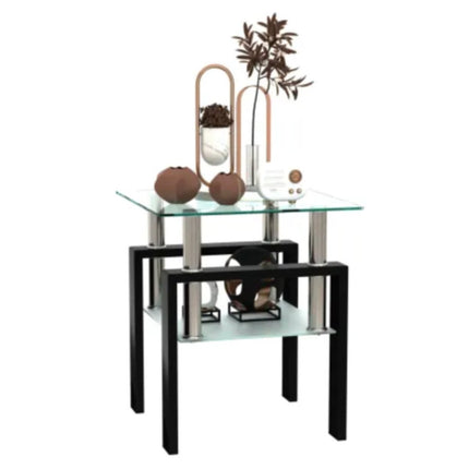 Square Tempered Glass End Side Table With Metal Frame Modern 2-Tier Coffee Table For Living Room Bedroom