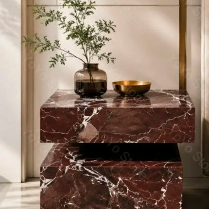 Modern Natural Rosso Levanto Marble Square Side Table Solid Stone NightStsnd For Living Room Bedroom