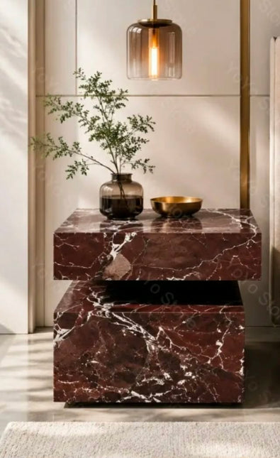 Modern Natural Rosso Levanto Marble Square Side Table Solid Stone NightStsnd For Living Room Bedroom