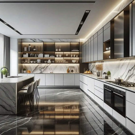 CBMmart RTA Modular Kitchen Cabinets Custom Aluminum Frame Glass Door Design Plywood Carcass Laminated Drawer Basket LED Strip