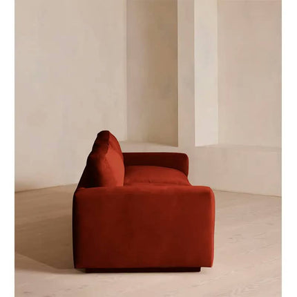 Rust Red Velvet Wide Recessed Square Arm Low Floating Base Modern Indoor Two Seater Sofa