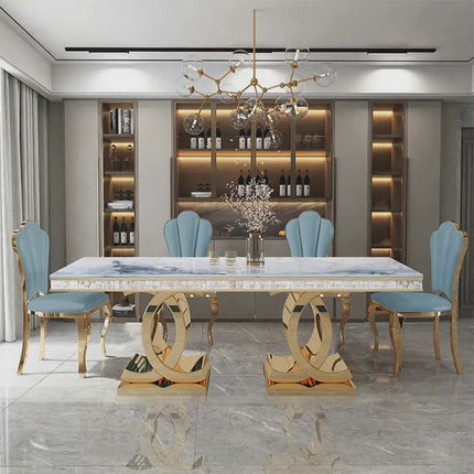 Luxury Gold Stainless Steel Frame Dining Table Set 6 Seater Rectangular Marble Top Modern Dining Table for Home Hotel