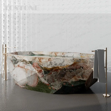 New Natural Four Season Marble Bathtub Curved Shape Solid Stone Tub For Contemporary Apartment Home Indoor Decor