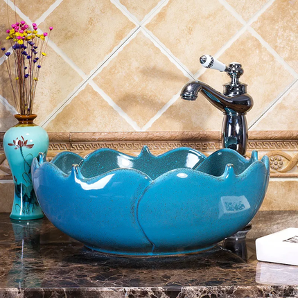 Beautiful Blue Art Ceramic Bathroom Sink Creative Design, Factory Direct Supply
