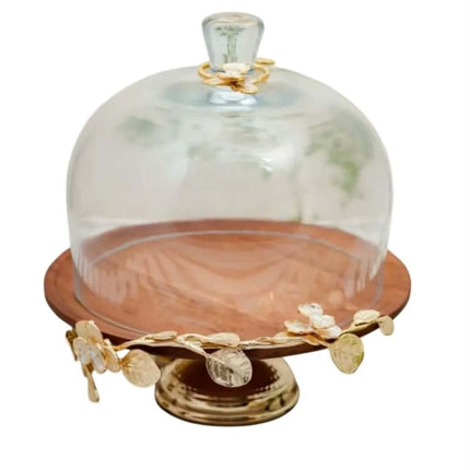 Luxury 2-Tier Wooden Cake Stand With Gold Brass Floral Branch Frame Elegant Rustic Mango Wood Cupcake Display & Serving Tray