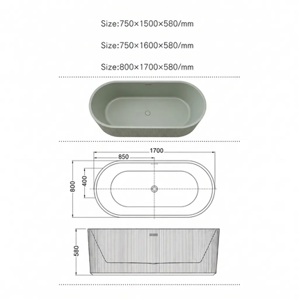 Boutique Mint Green Freestanding Soaking Bathtub for Designer Villa Project 1700mm Ribbed Fluted Surface Acrylic Oval Seamless