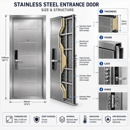 Factory Price American Style High Quality Strong Burglarproof Stainless Steel Front Entry Exterior Security Manual Supermarket