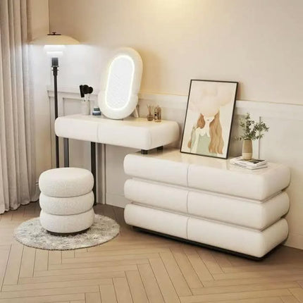 Modern Luxury Eco-Friendly Vanity Table (Available Pink White) Removable Mirror Solid Wood One-Piece Design Ample Storage