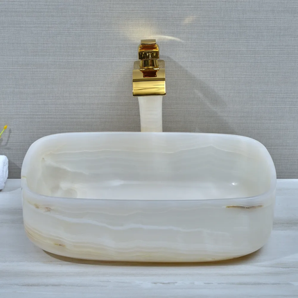 Luxury Rectangle White Onyx Stone Wash Basin Sink Modern Natural Stone Marble Sink Bathroom Vanity Countertop Art Vessel Sink