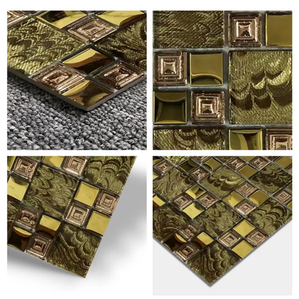 Modern Bathroom and Kitchen Square Glass Mosaic Tile Parquet Dark Gold 30x30cm For Room Wall Decoration