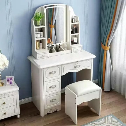 Modern White Wood Makeup Dressing Table With LED Light Large Mirror Cushioned Stool Panel Style Drawers For Bedroom