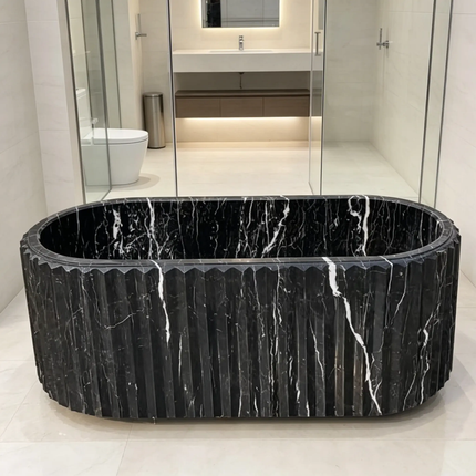 Luxury Fluted Black Marble Freestanding Bathtub For Villa Hotel Spa Resort & High-end Bathroom Home Decor