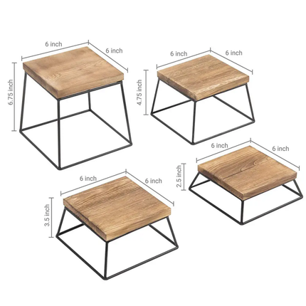 Burnt Wood & Black Metal Polished Square Retail Food Display Risers/Pizza Stands Holiday Decoration Set Of 4
