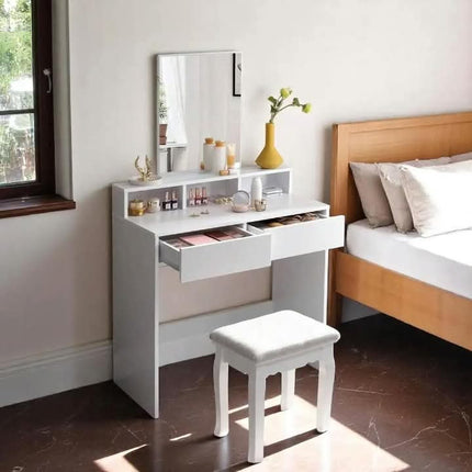White Modern Standing Panel Assembled Lighted Mirror Wood Dressing Table 1 Piece Makeup Bedside Desk Dresser For Bedroom