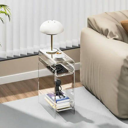 Narrow Acrylic Side Table Skinny Nightstand For Small Spaces, Slim End Table For Bedroom, Living Room, Space Saving Clear Design